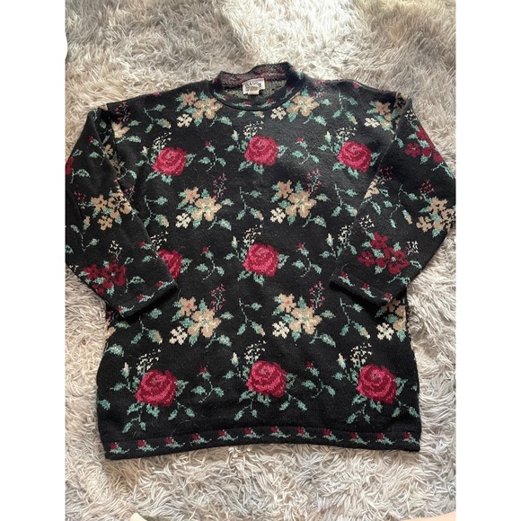 Basic Edition Vintage 90s Sweater Large Black Floral Knitted Crewneck Pullover - Picture 1 of 3